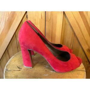 Moda Spana 10M Red Suede Leather Peep Toe Chunky High Heel Pumps Shoes